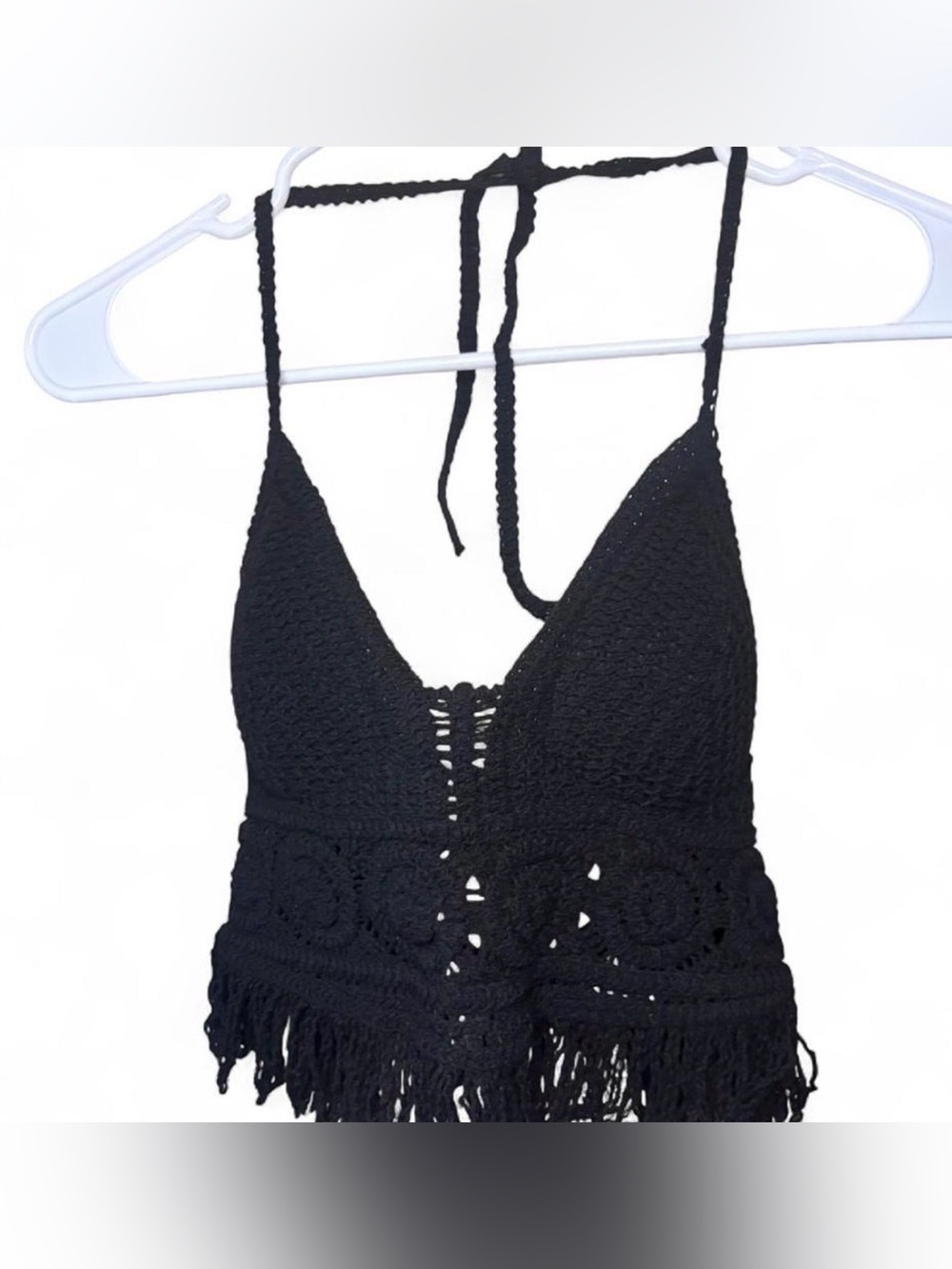 Crochet Fringe Halter Top - Black